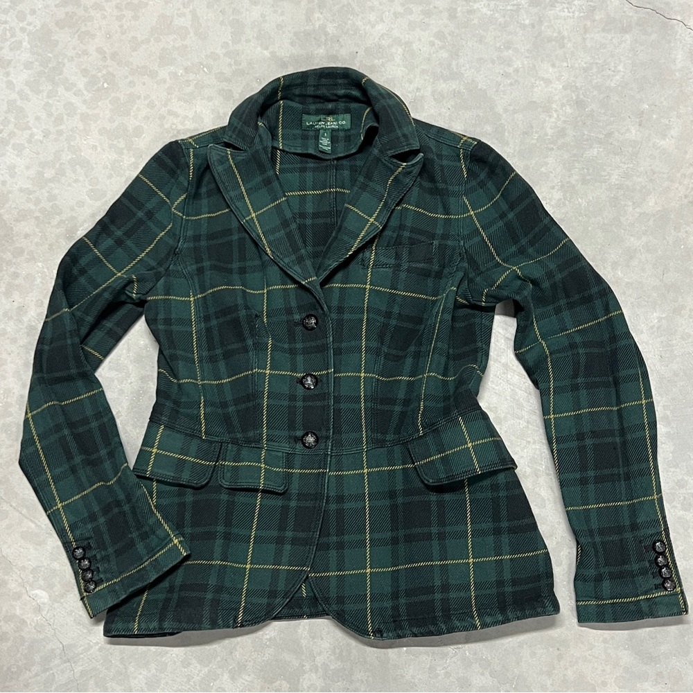 RALPH LAUREN Women Cotton Twill Blackwatch Tartan Plaid Peplum Blazer Jacket S
